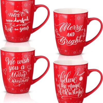 Custom Red Holiday Coffee Mugs Merry and Bright Stackable Christmas Ceramic Mug With handle